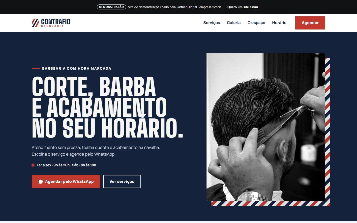 Topo do site de demonstração Contrafio Barbearia: fundo azul-marinho, título em letras condensadas brancas e foto em preto e branco de um corte de cabelo
